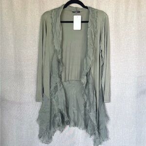 Italian Sage Green Ruffled Fringe Silk Satin Waterfall Open Cardigan